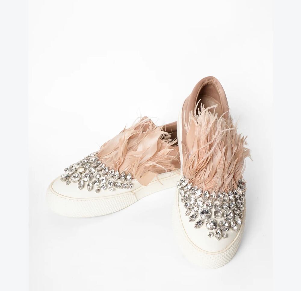 Miu Miu Blush Satin With Marabou Feathers Slip On Sneakers